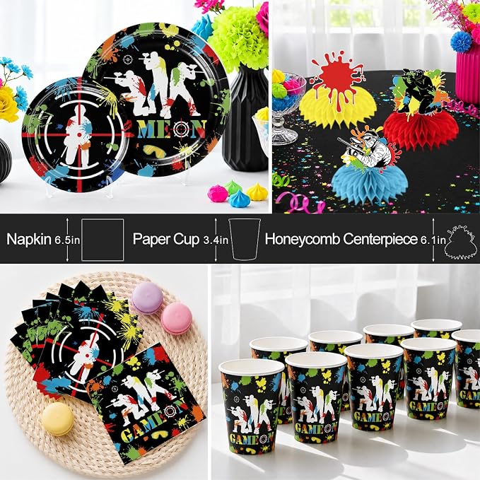 Paintball Birthday Party Decorations for 25 Guests, 219PCS All-in-One Colorful Paint Splash Shooting Game Theme Party Supplies Set with Plates, Balloons, Banner, Cake Topper, and Tablecloths