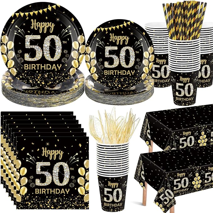 Funnymoom 452 Pcs 50th Birthday Decorations for Men, Black and Gold 50th Birthday Paper Plates Cups Napkins Tablecloth Cutlery Straws for Men Women 50 Year Old Party Supplies for 50 Guests