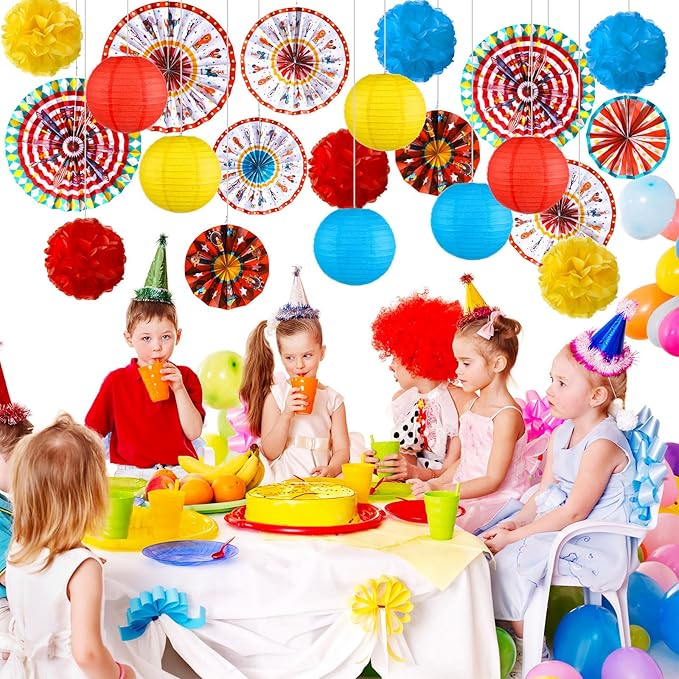 Outus 21 Pcs Carnival Party Decorations with Circus Hanging Paper Lanterns Fans Red Yellow Blue Paper Pom Poms Tissue Flowers for Carnival Circus Birthday Baby Shower Party Favors Supplies
