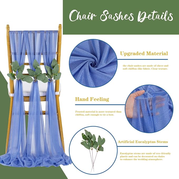QueenDream Dusty Blue Sashes Wedding Chair Decorations: 50PCS Tulle Cover Bands Aisle Sheer Chair Bows for Birthday Party Banquet