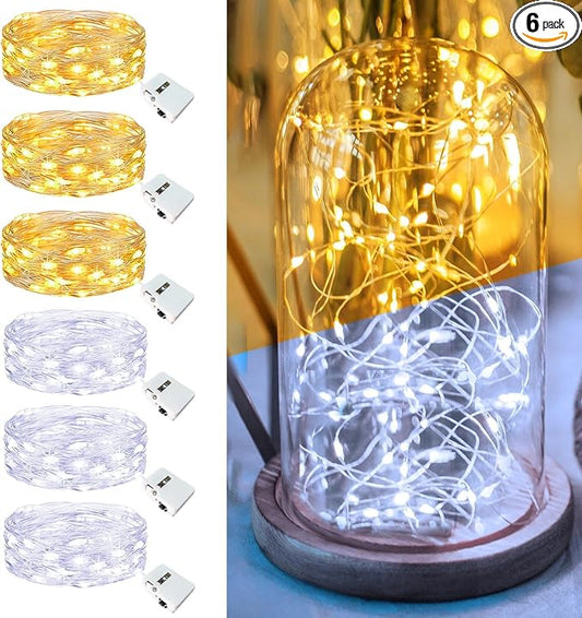 6 Pack Fairy Lights Battery Operated - 7ft 20 Led Twinkle Lights 3 Modes, Bulk Mini String Lights Waterproof for Mason Jars Vases DIY Party Wedding-Warm White & Cold White