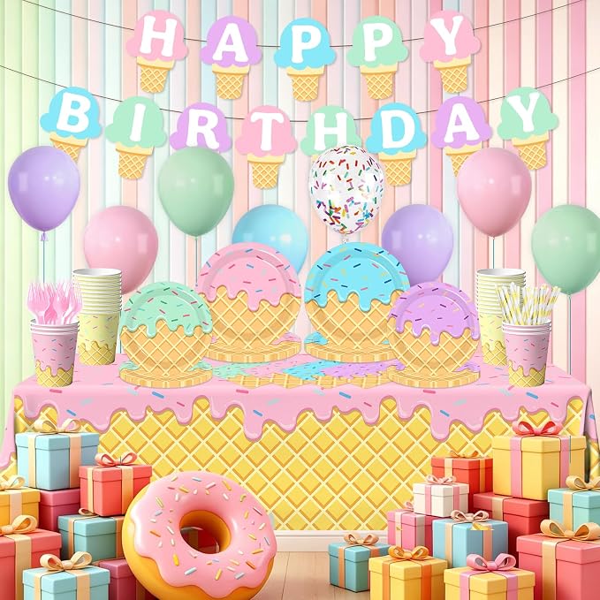 Ice Cream Birthday Party Decorations for Girl, 190Pcs Ice Cream Party Supplies Plates Napkins Tablecloth Banner Balloons Table Centerpieces for Kids Summer Birthday Ice Cream Party Decor, Serves 24