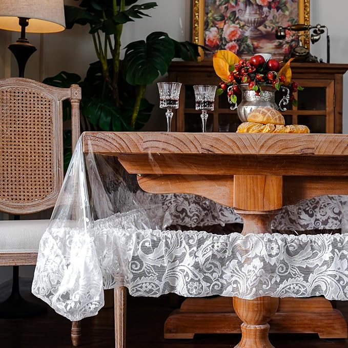 ARTABLE Vinyl PVC Rectangle Tablecloth Waterproof Clear Table Cover with Champagne Lace Macrame Border for Wedding Kitchen Home Outdoor Indoor Holidays Party Decor (Offwhite-2, 60 x 104 Inch)