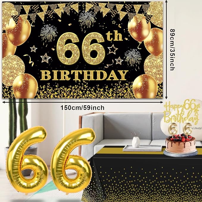 66th Birthday Decorations Men Women with 66th Birthday Banner, Black and Gold Table Cloth, Number Balloons, Sash, Cake Topper and Candles