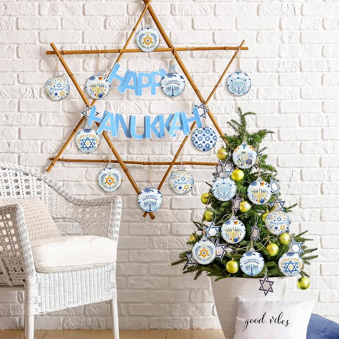 Outus 16 Pcs Hanukkah Ball Ornaments Hanukkah Hanging Ornament for Tree Blue and White Jewish Christmas Decorations for Tree Star of David Chanukah Party Decorations