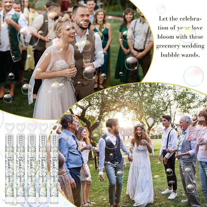 Hollowfly 120 Pack Green Eucalyptus Wedding Mini Bubble Wands for a Wedding Bulk White Heart Bubble for Guests Send off Wand Adult Bridal Exit Shower Party Supplies Valentine Anniversaries Celebration