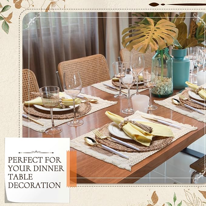 Zhehao 6 Set/18 Pcs Table Decor Set, Farmhouse Table Setting Kit with Woven Round Placemats, Burlap Placemats and Wooden Bead Napkin Rings, Rustic Wedding, Bridal Shower, Party Decorations