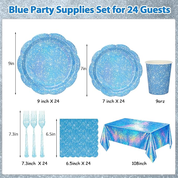 Blue Iridescent Plates and Napkins Set, Disposable Light Blue Holographic Plates Cups Napkins Forks Tablecloth Party Supplies for Birthday Baby Shower Bridal Shower Party Decorations, Serves 24 Guests