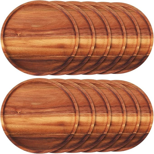 Rtteri 12 Pcs Acacia Wood Dinner Plates Round Wood Dishes Wooden Charger Serving Tray Easy Cleaning Lightweight Unbreakable Classic Plate for Snack Dessert Housewarming Gift(0.95 Inches)