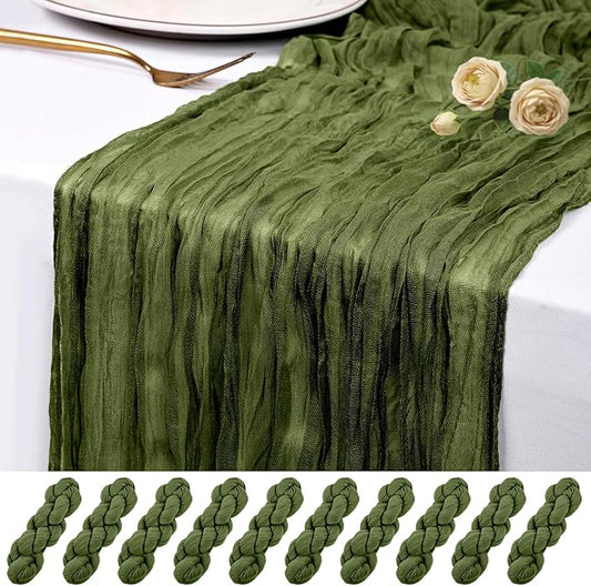 10 Pack Olive Green Cheesecloth Table Runner 17x108 Inch Semi Sheer Boho Rustic Gauze Cheese Cloth Table Runners for Wedding Party Birthday Baby Shower Home Décor