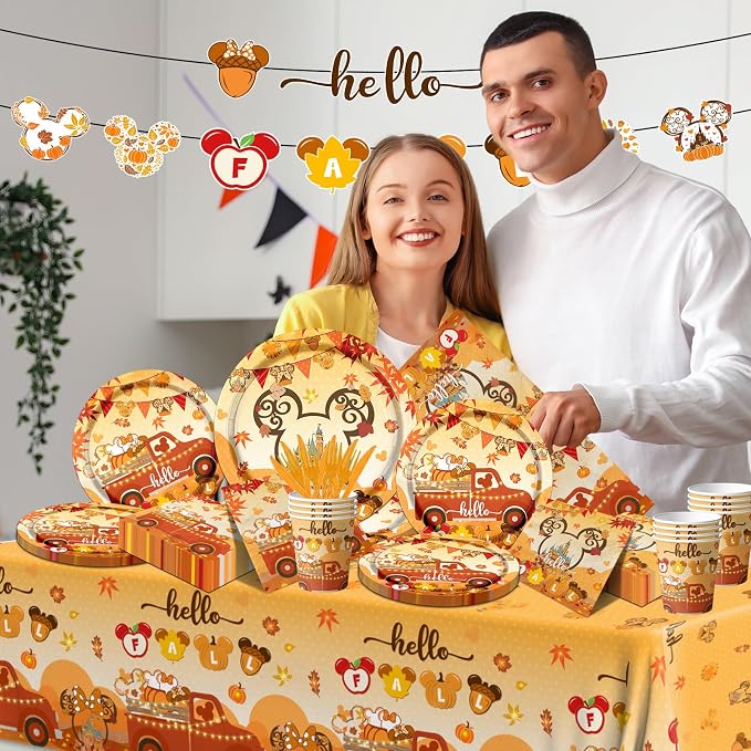 Hello Tableware Decoration,142pcs Fall Theme Mouse Pumpkin Dinnerware Include Mouse Plats Napkins Cups Plastic Fall Tablecloth for Thanksgiving Party Supplies(Serve 20)