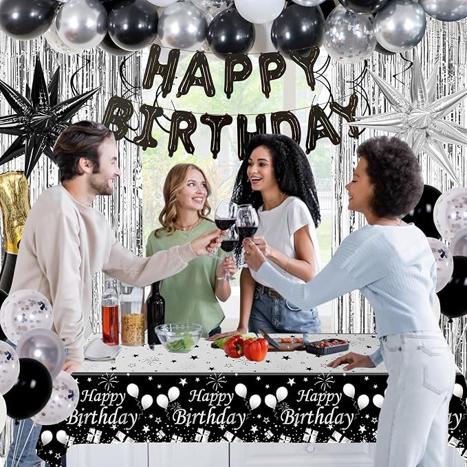 Black Silver Birthday Party Decorations for Men Women, Party Decorations Kit with Black Happy Birthday Banner, Star Balloon, Silver Fringe Curtain, Hanging Swirls for DIY Theme Bday Party