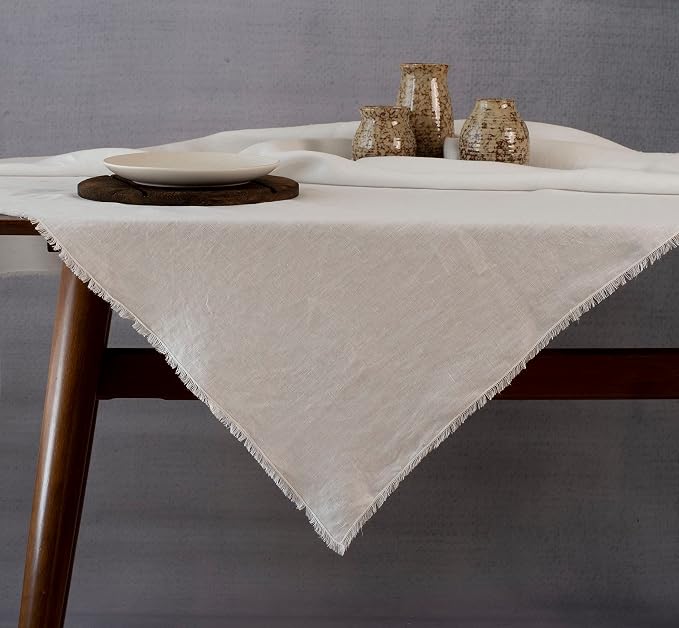 White Linen Tablecloths for Rectangle Tables with Fringe, 55x108 Inch 100% Pure Linen Table Cloth for Wedding, Party, Easter,Thanksgiving, Christmas Indoor,Outdoor Machine Washable