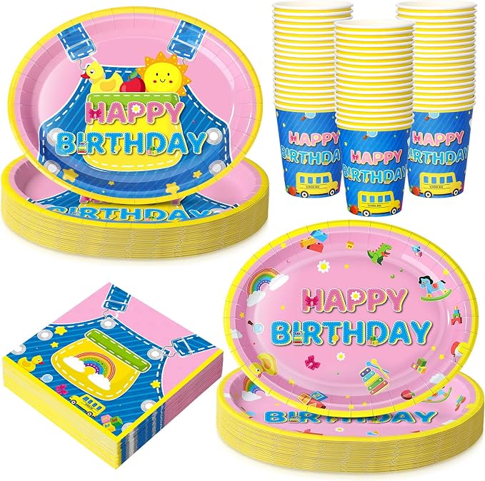 Vesici 150 Pcs Cartoon Birthday Oval Paper Plates and Napkins Set-serves 50, Cartoon Teacher Party Supplies 10'' x 12'' Large Disposable Heavy Duty Plate English Teacher Tableware for Birthday Party