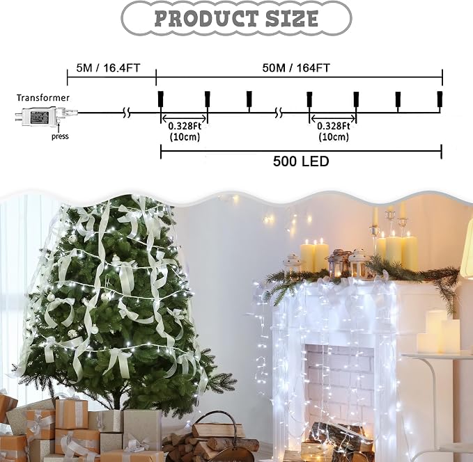 weillsnow 164 FT 500 LED Christmas Lights Outdoor, Waterproof Christmas Fairy Lights with Timer, Plug in White LED String Lights with 8 Modes for Bedroom Wedding Party Xmas Decoration