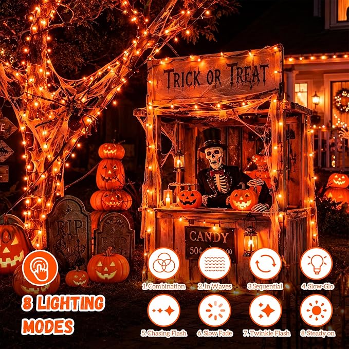 QITONG Solar Halloween String Lights, 2 Pack Each 33ft 100 LED Orange Fairy Lights Outdoor Waterproof, Green Wire Twinkle Light with 8 Modes for Outside Halloween Party Decor