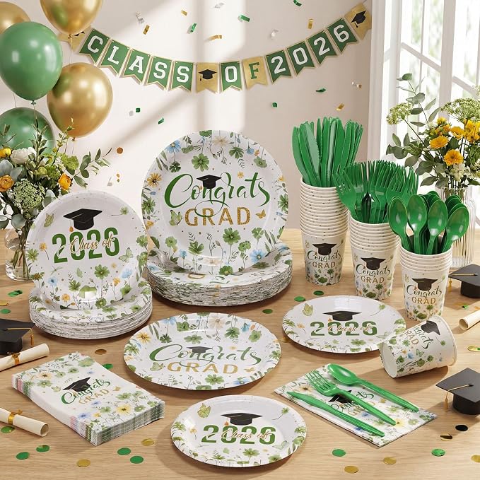 400 Pcs Class of 2026 Sage Green Floral Graduation Decorations for 50, Green and Gold Graduation Paper Plates Napkins and Cups Cutlery Grad Tableware for 2026 Congrats Grad Party Supply