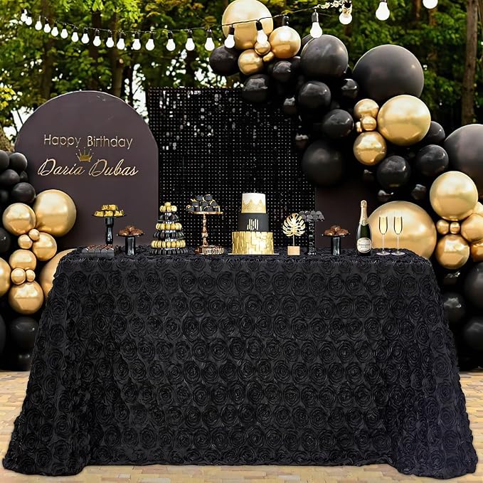 B-COOL Black Rosette Tablecloth 90x156 Inch Party Table Cloths 3D Floral Table Overlay for Brithday Holiday Party Decorations