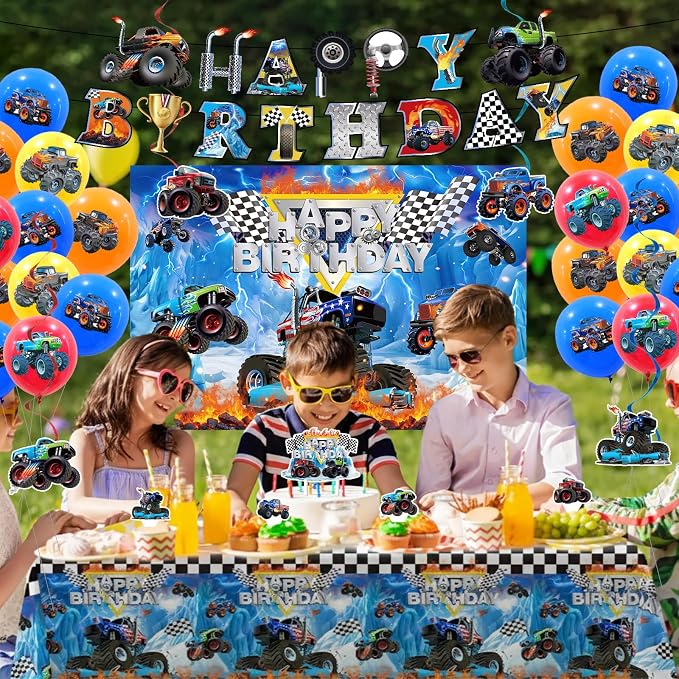 Monster Truck Birthday Decorations Party Decorations Set Include Truck Balloons, Tablecloth, Backdrop, Cake Cupcake Toppers, Hanging Swirls, Banner Monster Truck Party Supplies for Boys Birthday Decor