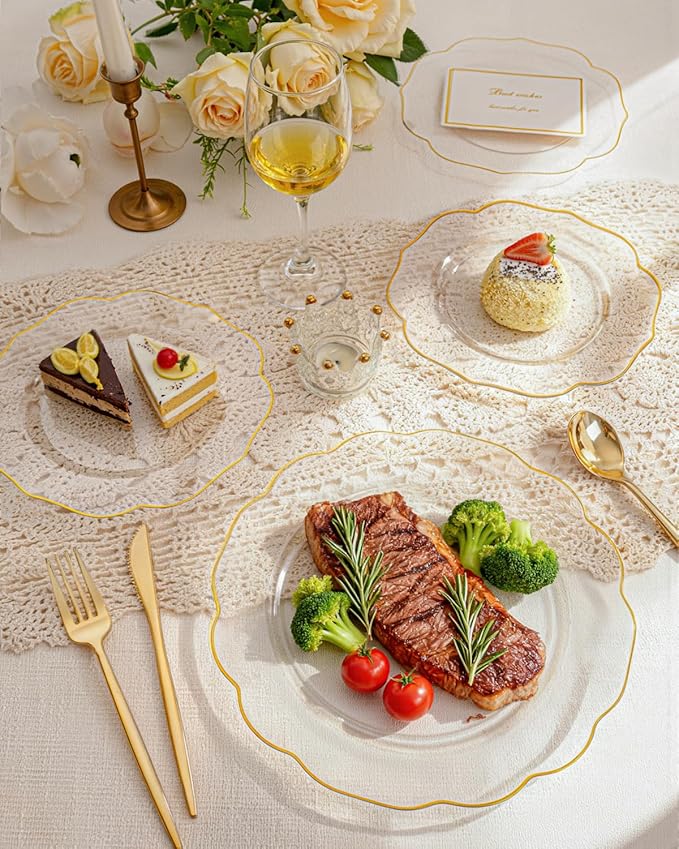 bUCLA 180PCS Clear Plastic Plates with Gold Trim - Clear Gold Plastic Dinnerware Include 30 Dinner & Dessert Plates, 30 Knives, 30 Forks, 30 Spoons and 30 Cups for Party