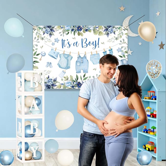 Blue Baby Boy Shower Decorations with 4pcs Balloon Boxes, 70pcs Balloon Garland Arch Kit, "It's a Boy" Backdrop, Tablecloth, Cake Toppers - Watercolor Clothesline Theme Party Supplies