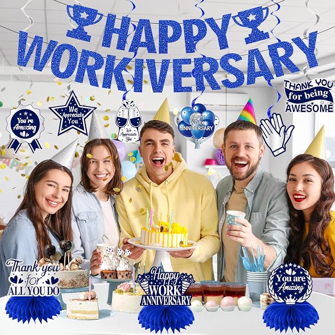 Zirtorei Happy Workiversary Decorations for Men Employee, 11pcs Blue Silver Work Anniversary Banner Party Supplies, Workiversary Honeycomb Centerpieces Hanging Swirls Business Gift for Office
