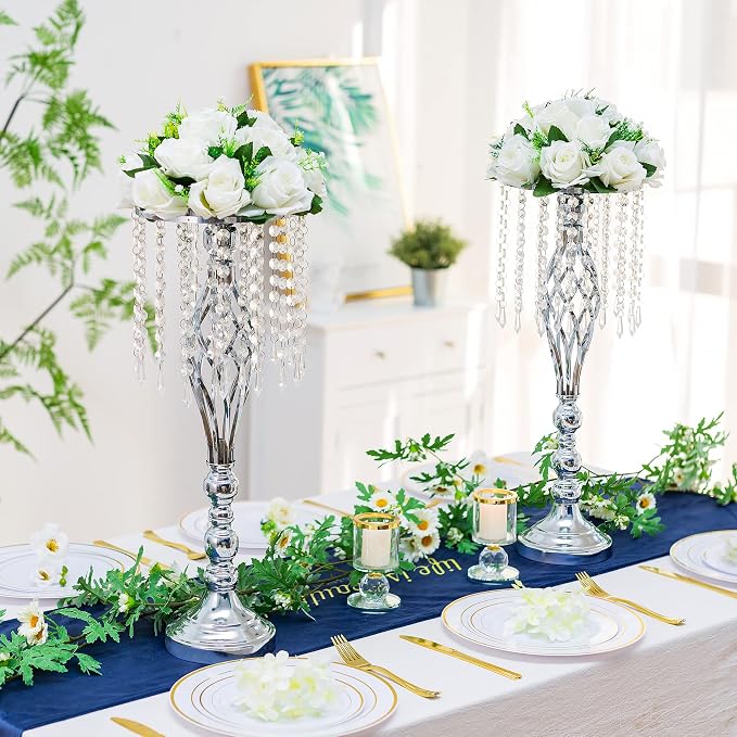 Sliver Vases Centerpieces for Table: 21.7" Tall Flower Stand with Crystal Patent for Wedding Center Piece Party Event Set of 2