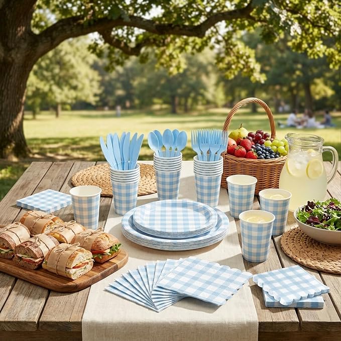 LINHAXM 175 PCS Blue Gingham Party Supplies for 25 Guests Includes Light Blue Gingham Paper Plates, Cups, Napkins, Cutlery for Dinner Wedding Bridal Shower Birthday Baby Shower Party Decorations