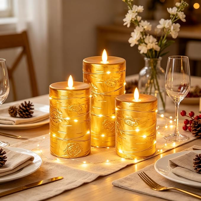Da by 3 Pack Gold Wax Flameless Taper Candles, Realistic Flickering LED Candles with Surrounding Fairy String Lights, Soft Warm Light Battery Candles with Remote for Indoor Outdoor Decor
