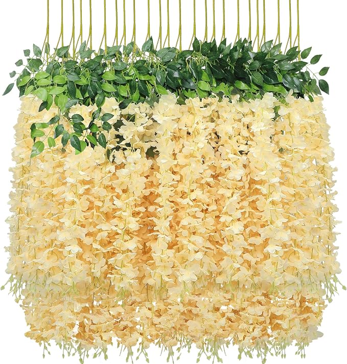 Pauwer Wisteria Hanging Flowers 24 Pack Fake Flower Garland Artificial Wisteria Vines Rattan Silk Flower String Wedding Party Wall Decorations,Champagne