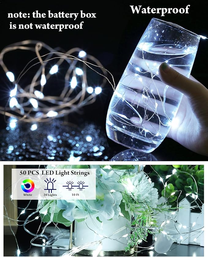 Riakrum 50 Pack 10 ft 30 LED Fairy Lights Battery Operated, Christmas Tiny String Lights Bulk Starry Light Waterproof for Mason Jars Wedding Party Christmas Centerpiece Table Decor, White
