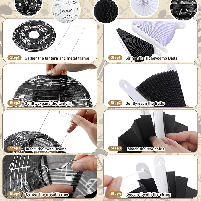 Baquler 18 Pcs Music Party Decoration Hanging Paper Lantern Music Notes Fans Black and White Honeycomb Ball for Rock Roll Concert 50's Theme Party Ceiling Decor Supplies