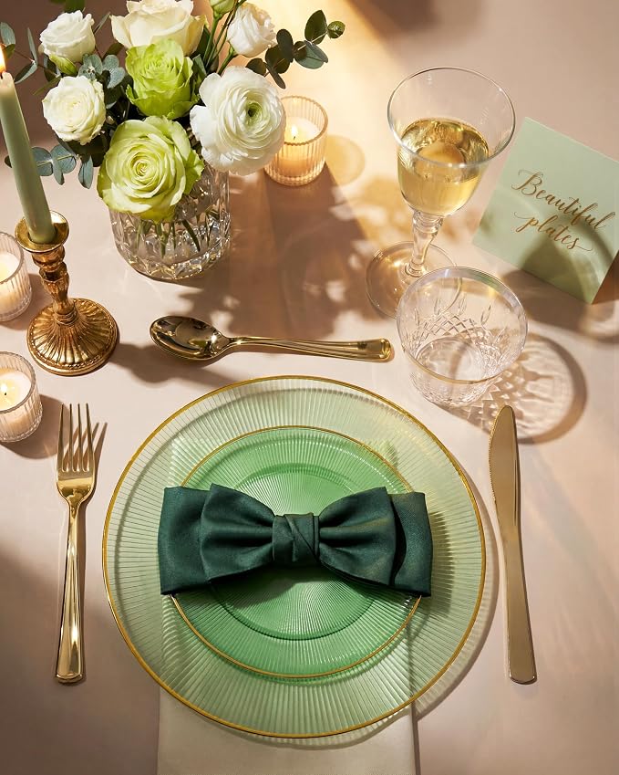 Hioasis 60pcs Green and Gold Plastic Plates - Green Disposable Dinnerware Set, 30pcs Dinner 10in & 30pcs Dessert 7in Plates with Striped Designs for Party & Wedding