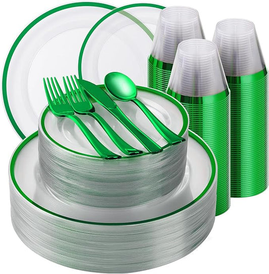 Beststar 350PCS Green and Clear Plastic Dinnerware Sets for 50 Guests, Include 100 Green Disposable Plates, 100 Forks, 50 Knives, 50 Spoons, 50 Cups