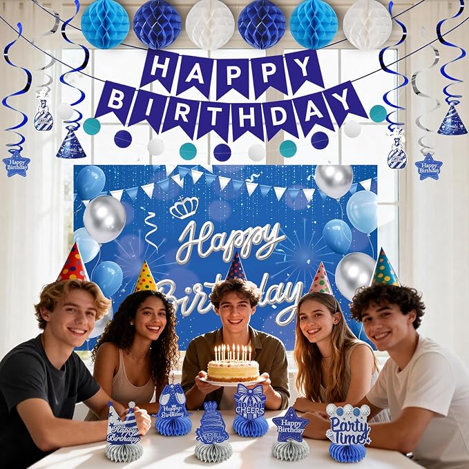 Happy Birthday Party Decoration Set: Including Birthday Banner Backdrop, Party Table Centerpieces and Hanging Swirl Party Streamers, Birthday Decor Suppliers for Men and Women (Blue, Happy Birthday)