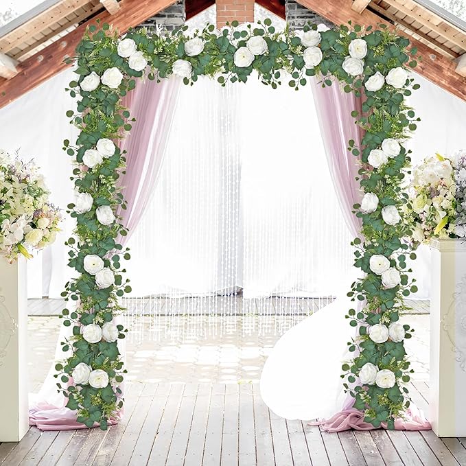 4 Pack 6.23 FT Artificial Eucalyptus Garlands with White Roses,Faux Floral Greenery Garlands Fake Rose Flowers Vines Garlands for Wedding Table Centerpieces Arch Party Ceremony Backdrop Decor