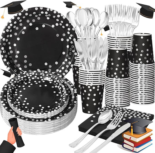 168Pcs Black and Silver Party Decorations, Black Plates and Cups and Napkins Sets Severs 24, Birthday Decorations for Prom Graduation Birthday Happy New Year Party