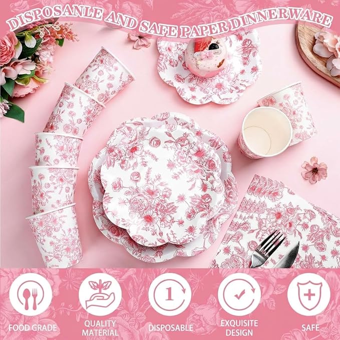 Newtay 250 Pcs Pink Floral Disposable Plates and Napkins Pink and White Floral Tableware Set for 50 Guests Disposable Paper Plates Napkins Cups for Wedding Bridal Shower Party Supplies
