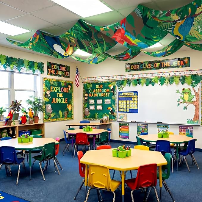 Feifeiya 3 Pcs 36 ft Rainforest Theme Party Decor 2026 VBS Decorations Tropical Forest and Bird Rainforest Safari Ceiling Banner Party Hanging Decor for VBS Sunday School Classroom