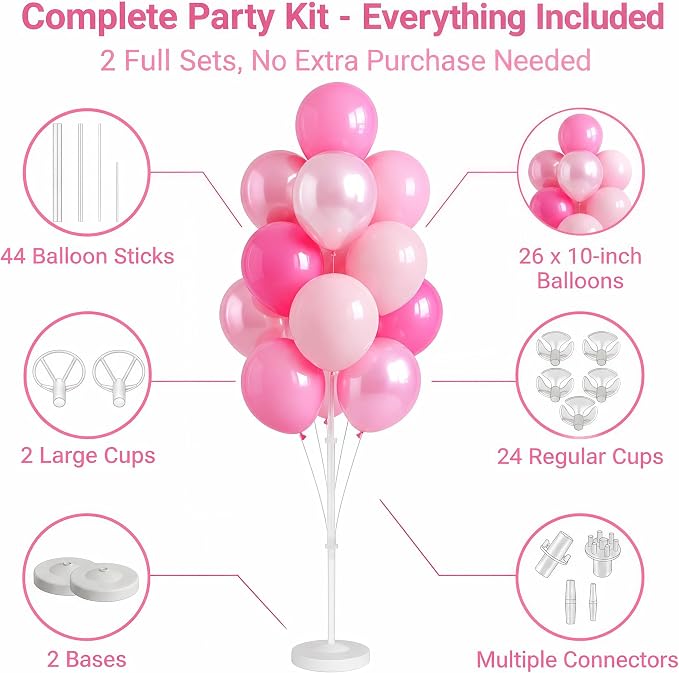2 Sets Champagne Gold Balloon Stand Kit-Balloon Column Holder with Metallic Rose Balloons for Birthday, Wedding,Baby Shower,Graduation,Anniversary Party Decorations Centerpiece（Blossom Pink）