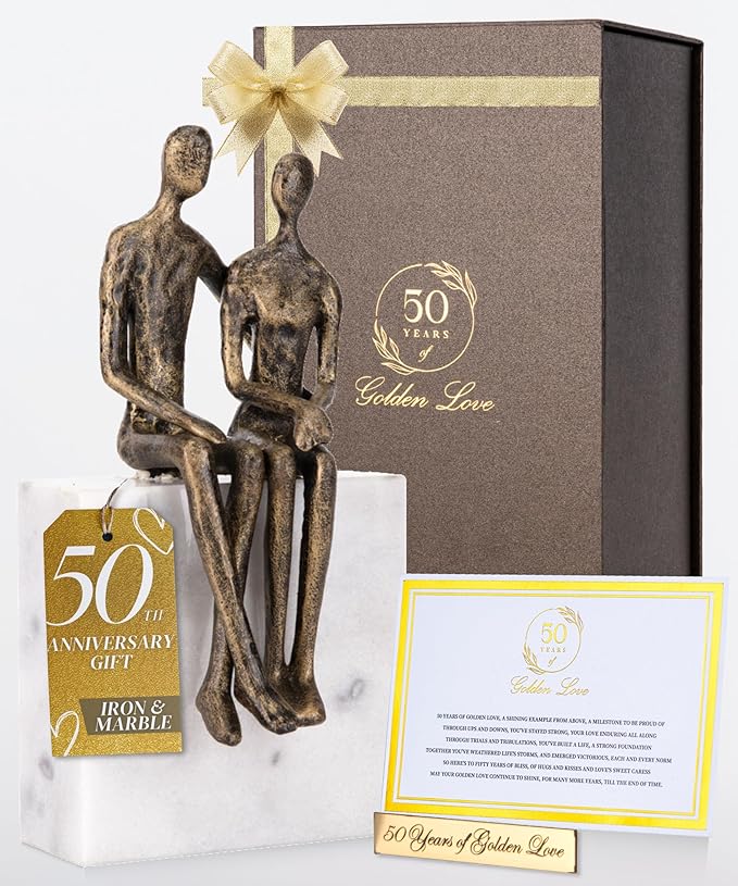 50th Wedding Anniversary Couple Gifts - Customizable Iron and Marble Sculpture - Gift for 50th Wedding Anniversary - Includes Present Box, Custom Engraved Plate and Poem Card (Personalized Gift Set)