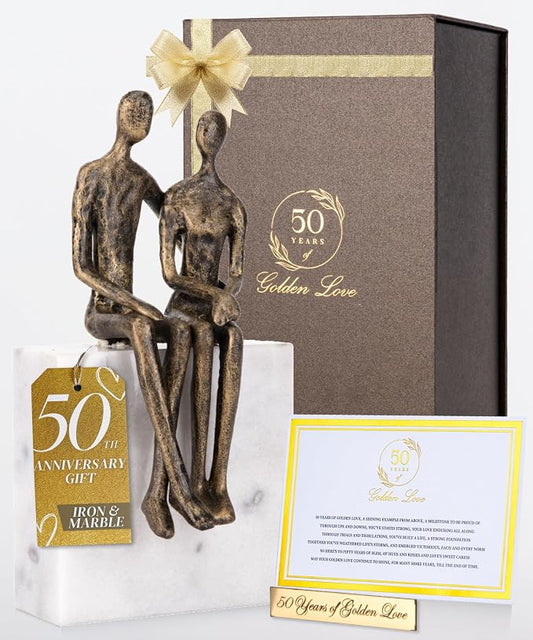 DCAPILLA 50th Wedding Anniversary Couple Gifts - Iron Couple Sculpture on Marble Rock - Keepsake with Poem Card and Engraved Plaque
