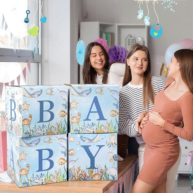 4 Pcs Under The Sea Baby Shower Boxes Ocean Theme Baby Shower Decorations Blocks with Letter Underwater Sea You Soon Party Centerpiece for Backdrop