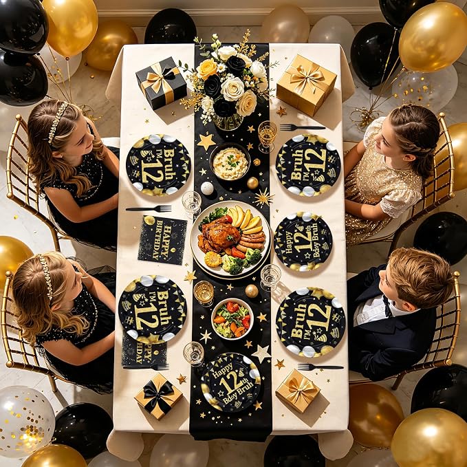 96 Pcs Bruh 12th Birthday Party Decorations Black Gold Bruh I’m 12 Plates and Napkins It's My 12th Birthday Tableware Set for Teen Boys and Girls 12 Years Old Party Supplies, Serves 24