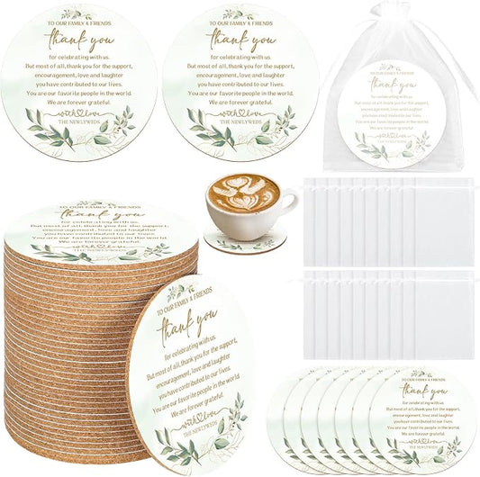 Hushee 200 Pcs Wedding Favors for Guests Bulk Cork Coasters Eucalyptus Leaves Bridal Shower Thank You Gifts Wedding Souvenirs for Guests Thank You for Celebrating with Us Natural Wooden Coasters