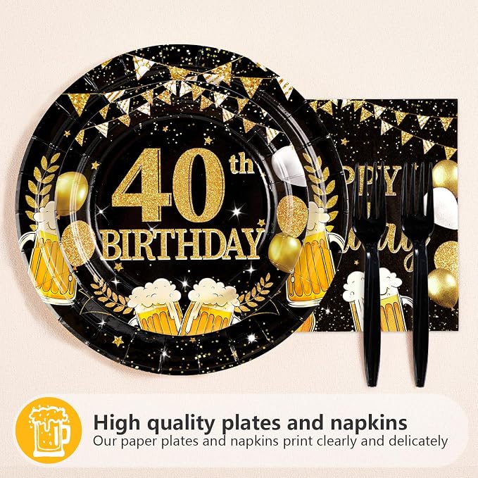 96Pcs 40th Birthday Party Supplies Black Gold Plates and Napkins Tableware Sets Cheers and Beers to 40 Years Decorations Favors for Men Women 40 Years Old Birthday Graduation Holiday Party Serves 24