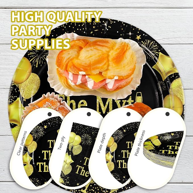 96 Pcs The Man The Myth The Legend Party Decorations Mens Birthday Plates and Napkins Disposable Black and Gold Tableware Set for Fathers Day Birthday Retirement Party Supplies Serves 24