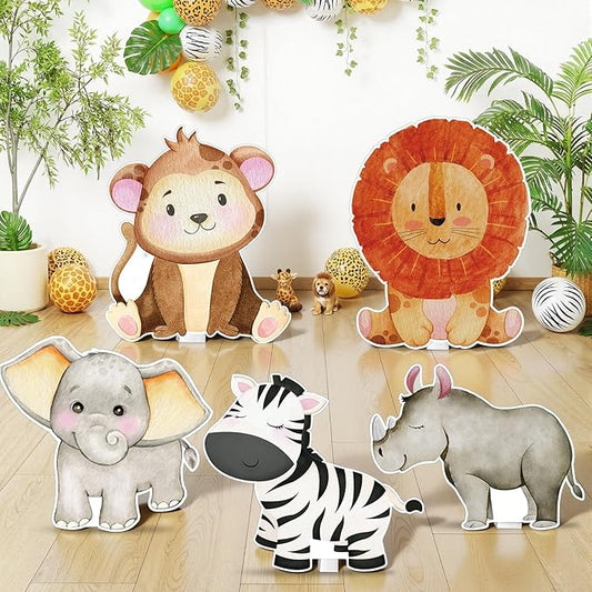 Capoda 5 Pcs Large Jungle Safari Animal Cardboard Cutouts 16.5 to 26.4 inch Safari Birthday Party Decoration Elephant Monkey Lion Zebra Rhino Cutout Standup for Zoo Wildlife Lawn Yard Decor Photo Prop