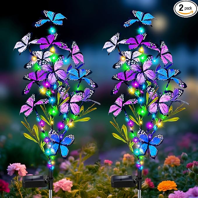 MRHEPHAESTUS Solar Garden Lights Outdoor, Waterproof 2 Pack Solar Butterfly Lights with 60 LED 12 Butterfly Colorful Lighting for Garden Yard Lawn Outdoor Decor, Gift for Mom Women Mother's Day