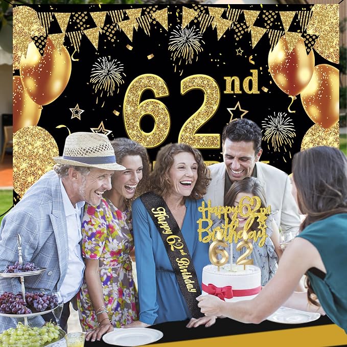 62nd Birthday Decorations Men Women with 62nd Birthday Banner, Black and Gold Table Cloth, Number Balloons, Large Sash, Cake Topper and Candles